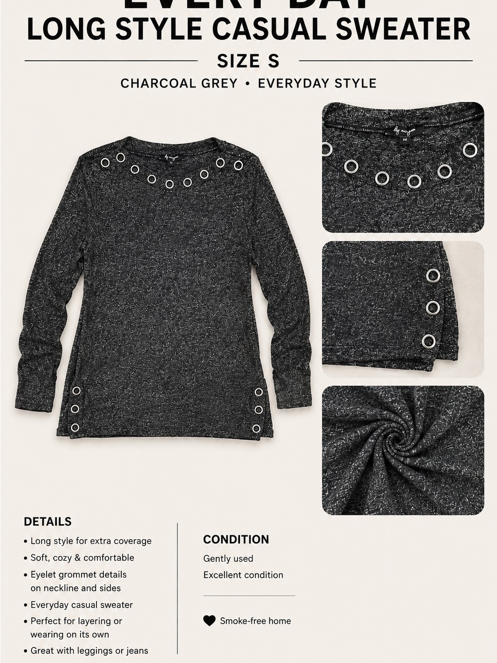 Everyday Charcoal Grey Long-Sleeve Sweater with Eyelet Detail